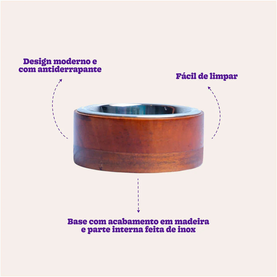 Comedouro de Inox e Madeira Meau para Cães