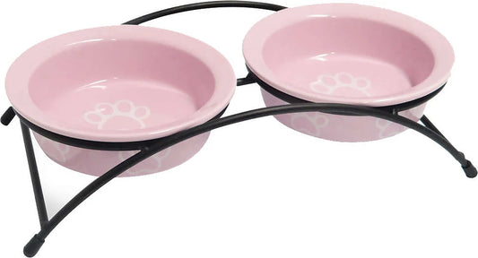 Comedouro Porcelana The Pets Duplo Suspenso Patinhas Rosa